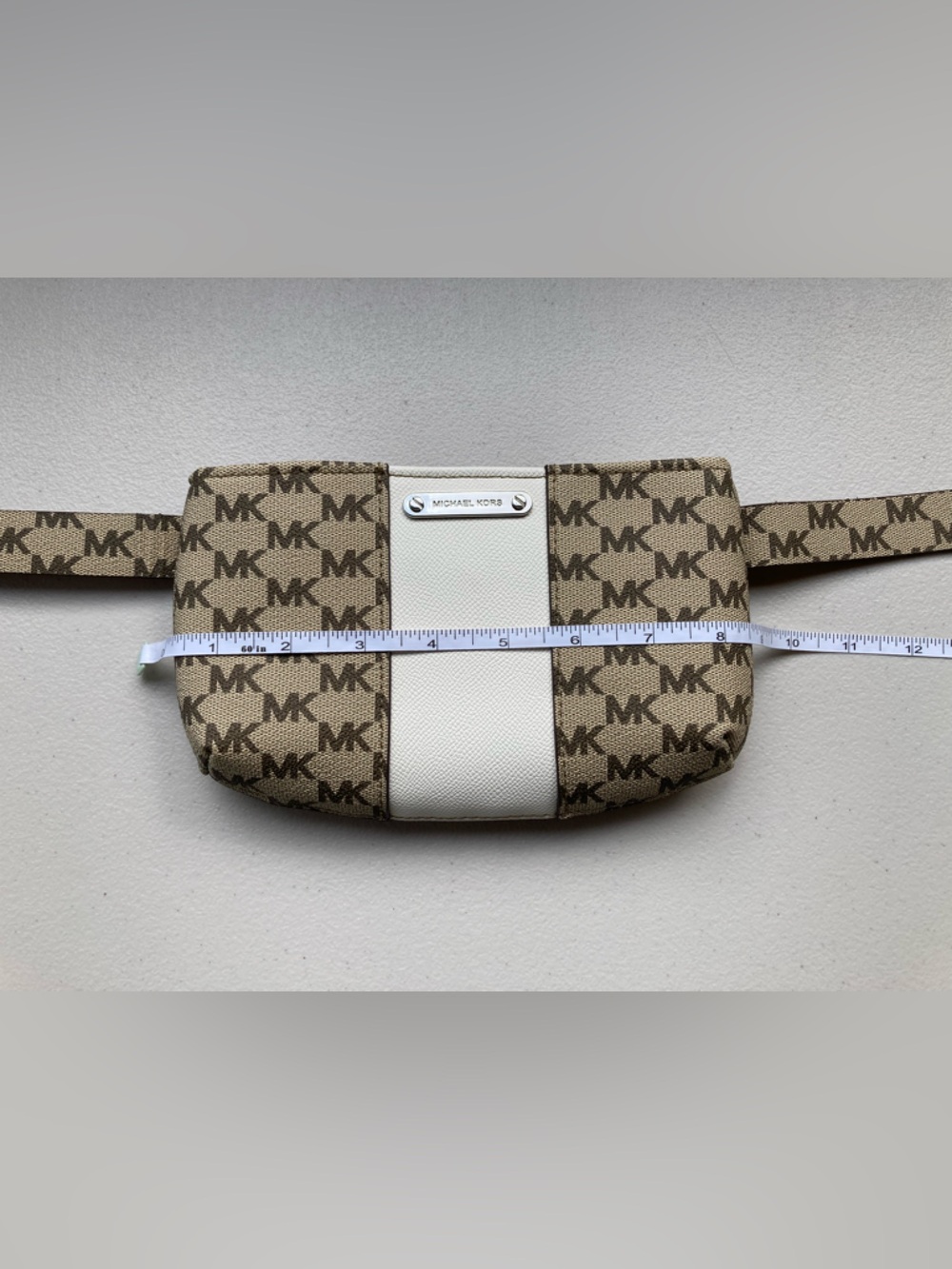 Michael Kors Signature Logo Print Belt Bag Brown Khaki Sporty White Stripe S/M - Picture 14 of 17